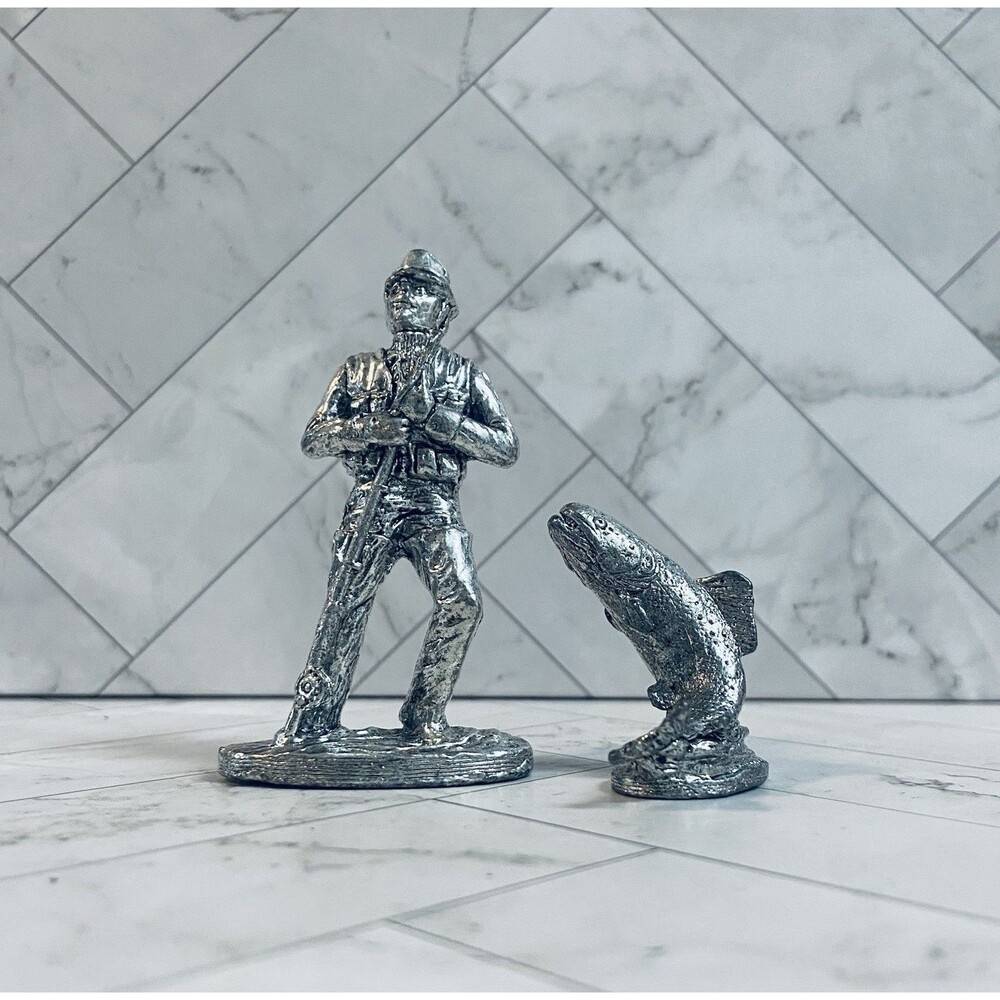 Vintage Metzke Pewter Fly Fisherman & Trout Figurine Set